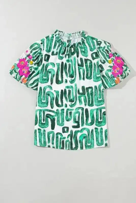 Embroidered Puff Sleeve Frilled Neck Top - Fashionfitz