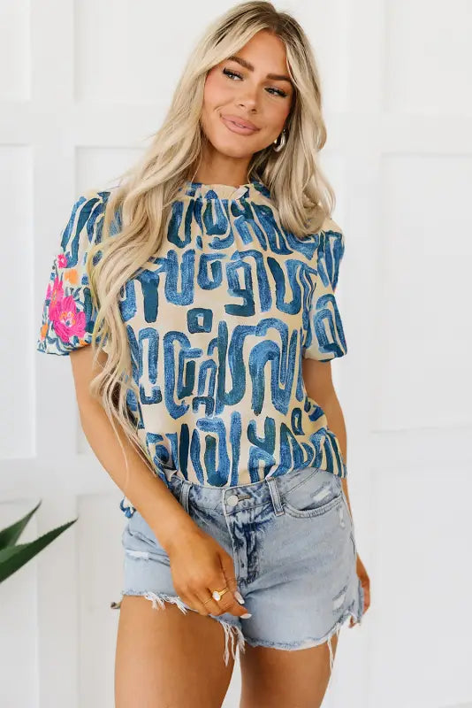 Embroidered puff sleeve frilled neck top - tops & tees