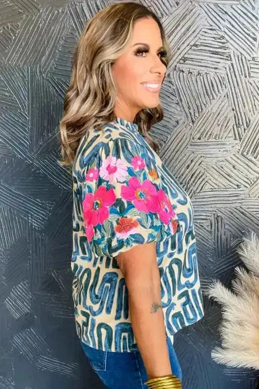 Embroidered Puff Sleeve Frilled Neck Top - Fashionfitz