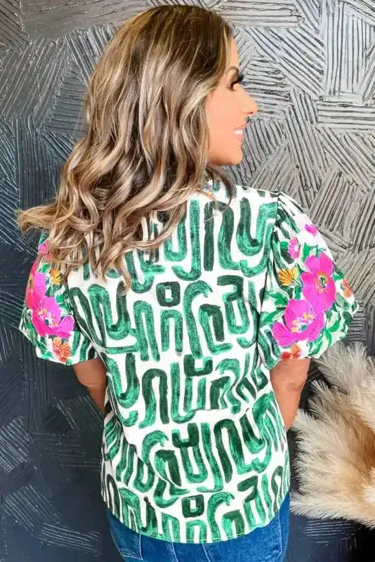 Back view of Embroidered Puff Sleeve Frilled Neck Top showing puff sleeve silhouette and relaxed fit — Fashionfitz