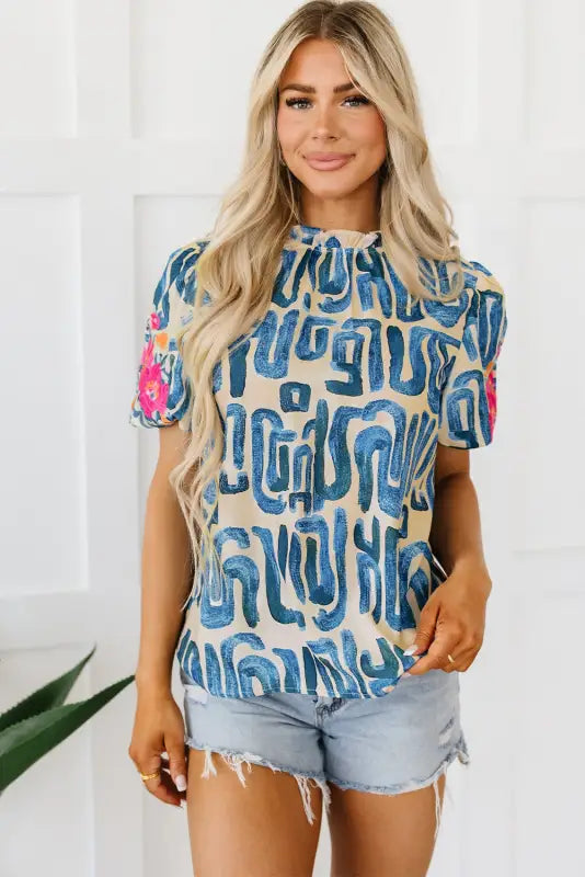 Embroidered puff sleeve frilled neck top - tops & tees