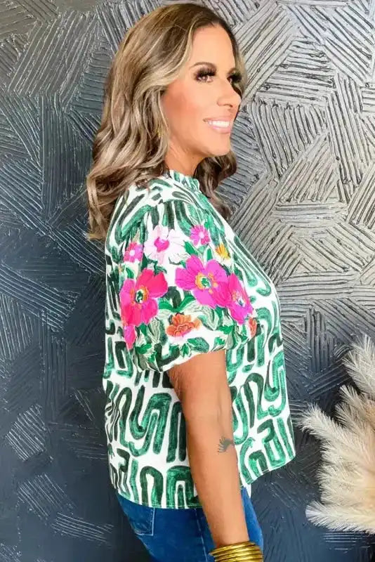 Side view of Embroidered Puff Sleeve Frilled Neck Top showing frilled collar and puff sleeve structure — Fashionfitz