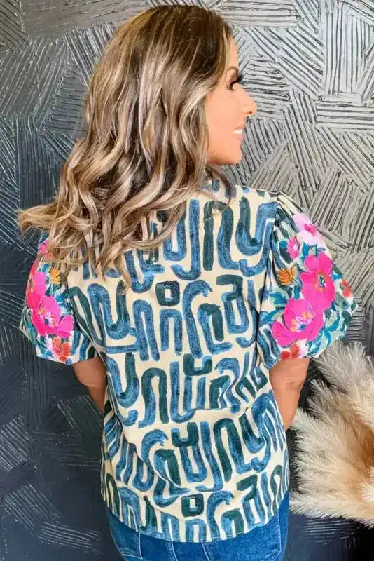 Embroidered Puff Sleeve Frilled Neck Top - Fashionfitz