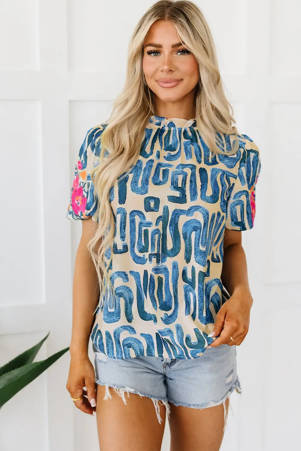 Embroidered puff sleeve frilled neck top - tops & tees