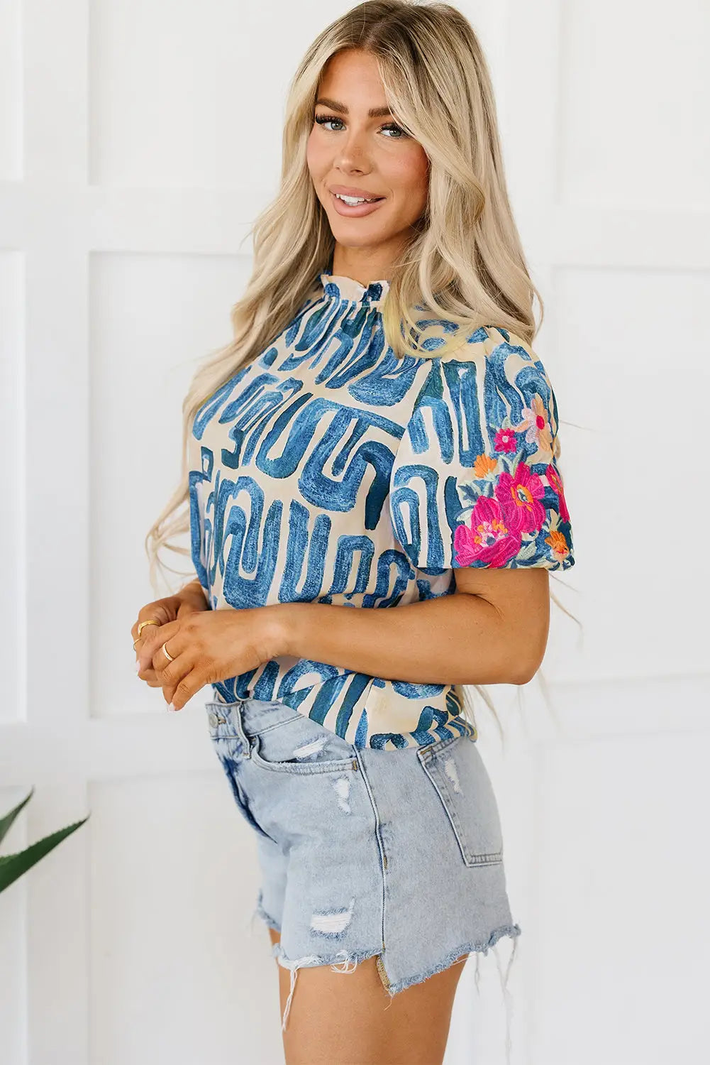 Embroidered puff sleeve frilled neck top - tops & tees