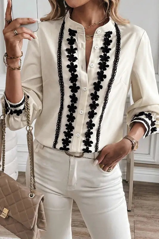 Embroidered stand neck shirt - off white | fashionfitz