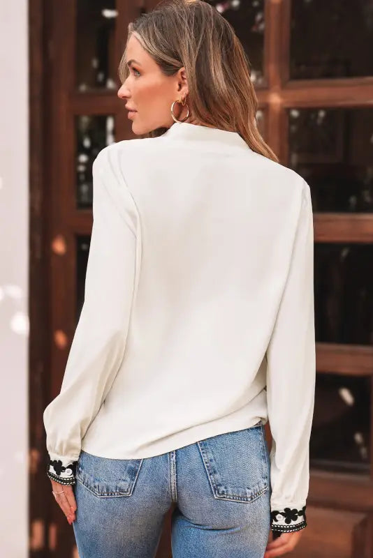 Embroidered stand neck shirt - off white | fashionfitz