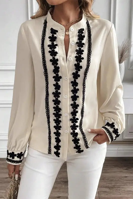 Embroidered stand neck shirt - off white | fashionfitz