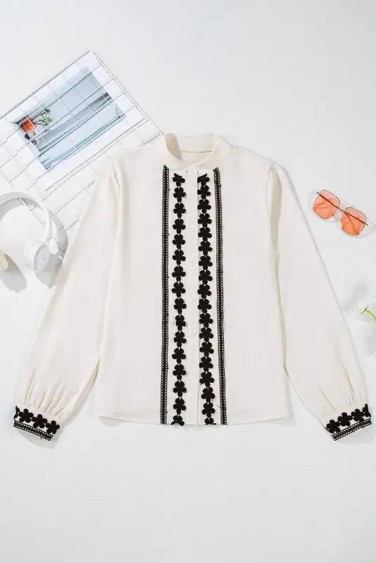 Embroidered stand neck shirt - off white | fashionfitz