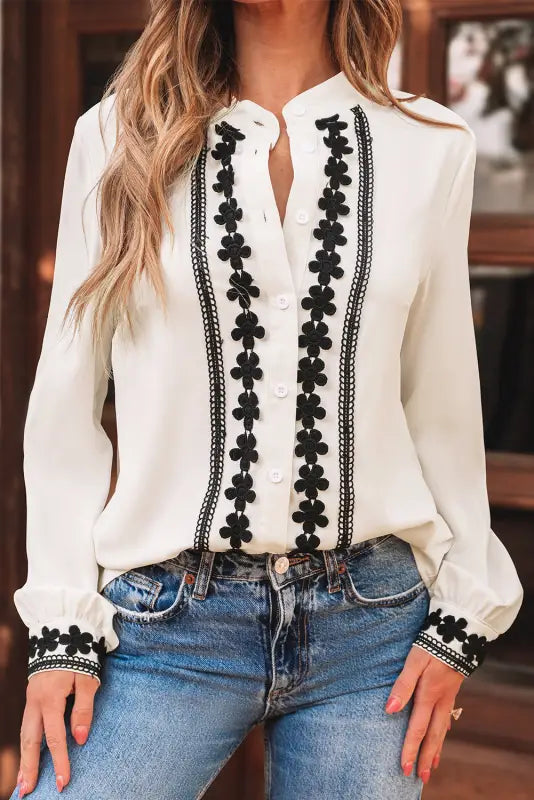 Embroidered stand neck shirt - off white | fashionfitz