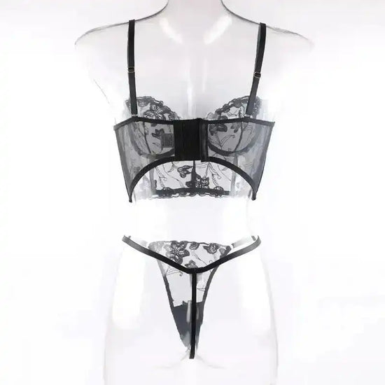 Embroidered Thong Sexy Bustier Bra Set - Fashionfitz