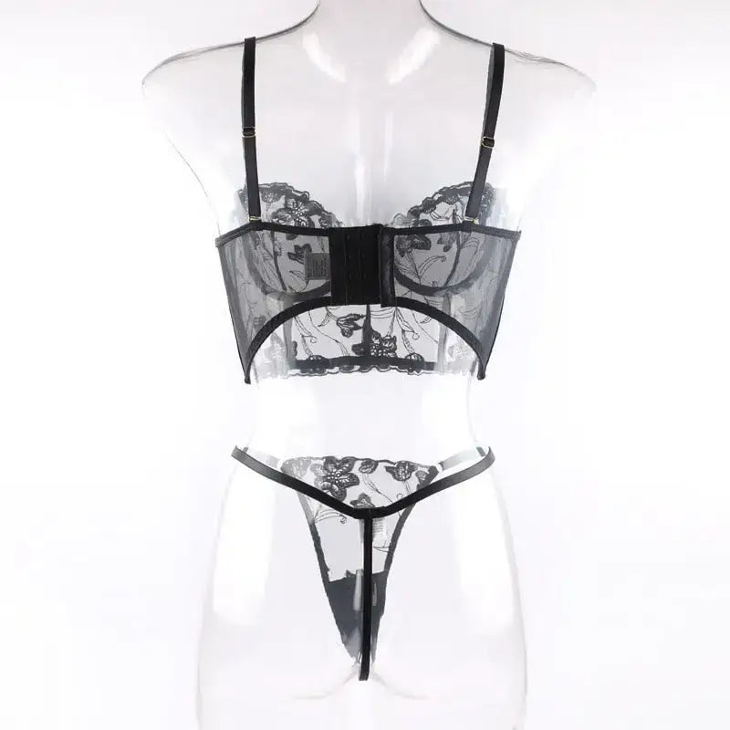 Embroidered thong sexy bustier bra set - sets