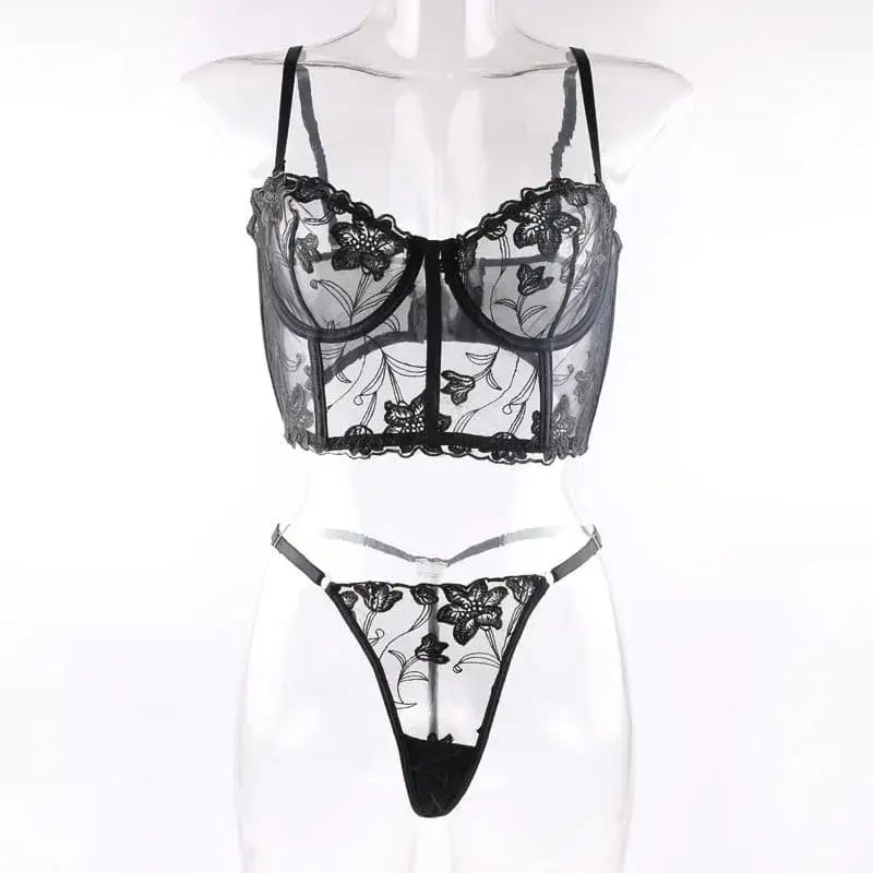 Embroidered thong sexy bustier bra set - sets