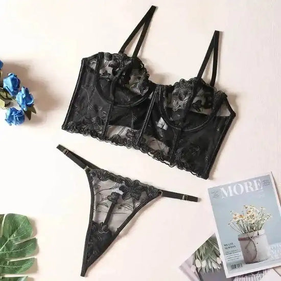 Embroidered Thong Sexy Bustier Bra Set - Fashionfitz