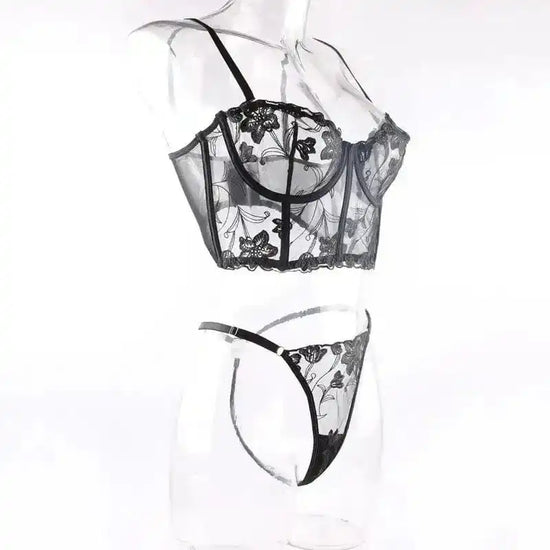 Embroidered Thong Sexy Bustier Bra Set - Fashionfitz