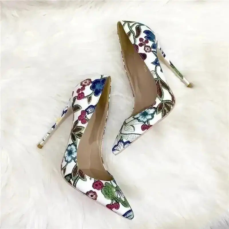 Top view of FashionFitz Embroidery Graffiti Party Heels with floral embroidery. Elegant pumps for women’s fashion and party styling.
