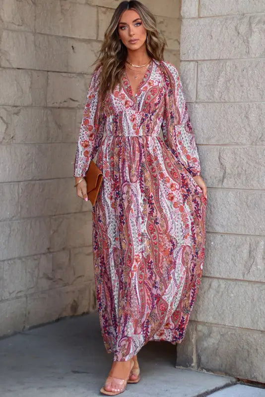 Empire waist maxi dress - boho paisley print v neck - floral dresses