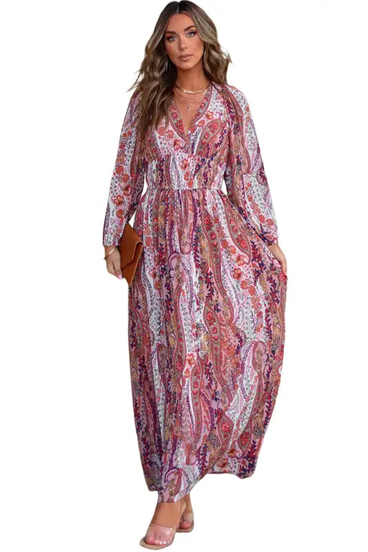 Empire waist maxi dress - boho paisley print v neck - floral dresses