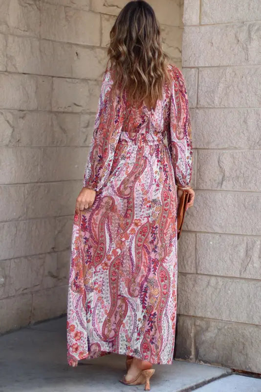 Empire waist maxi dress - boho paisley print v neck - floral dresses