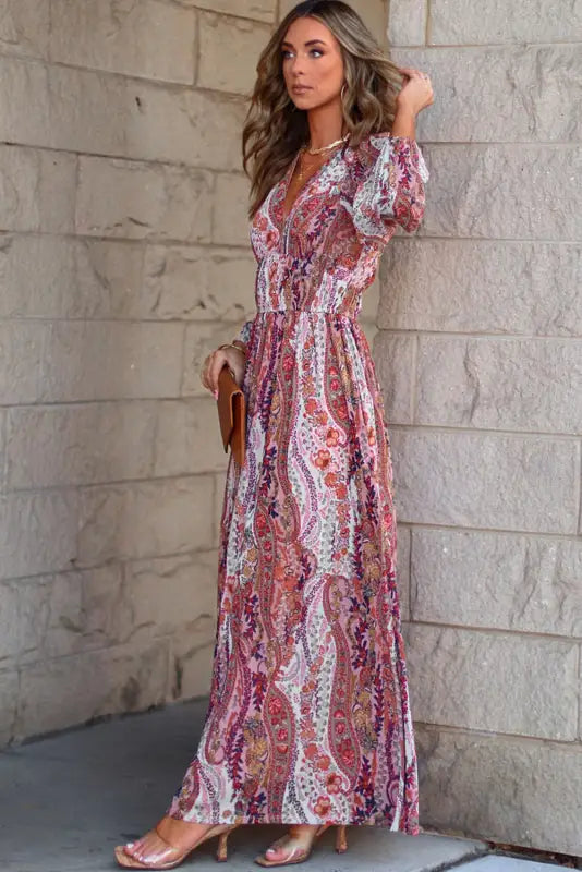 Empire waist maxi dress - boho paisley print v neck - floral dresses