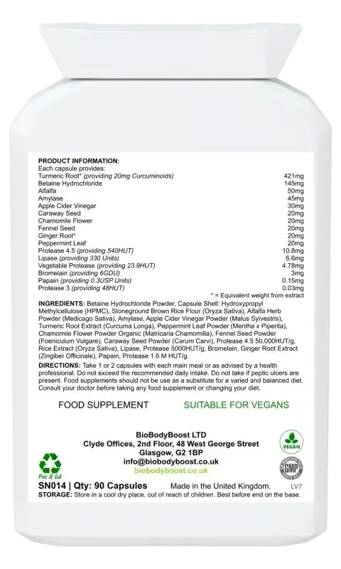Back label of EnzymeXtreme showing plant-derived enzyme blend including amylase, protease and lipase with dosage guide