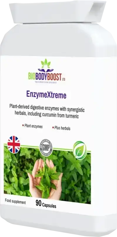 EnzymeXtreme angled view — plant digestive enzyme supplement for gut health and optimal digestion, BioBodyBoost UK