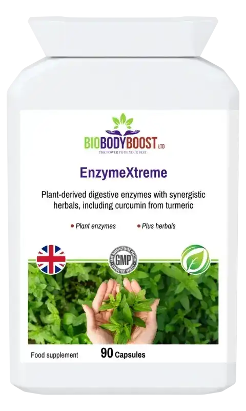 EnzymeXtreme Plant Digestive Enzymes — comprehensive enzyme complex for nutrient absorption and bloating relief, 90 vegan capsules, BioBodyBoost UK