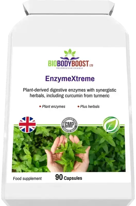 Side view of EnzymeXtreme Plant Digestive Enzymes — compact white supplement packaging, BioBodyBoost UK