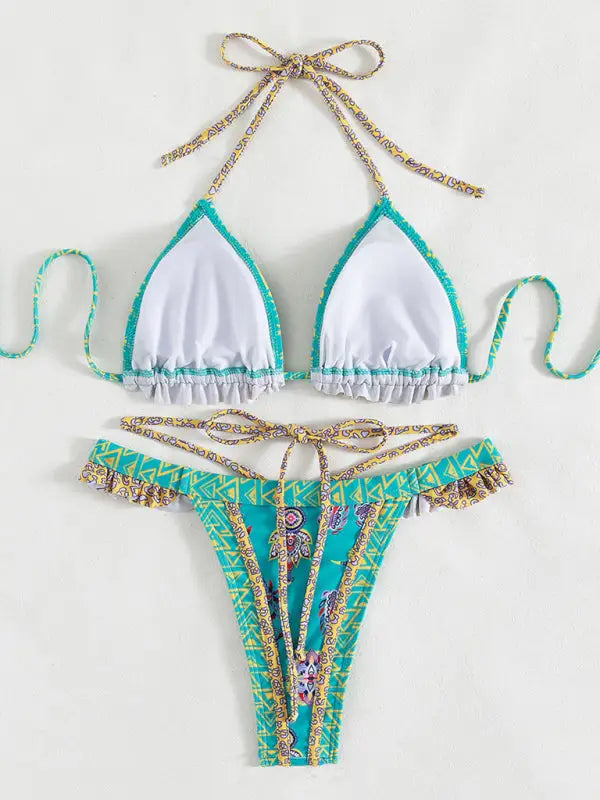 Ethnic print halter neck tie bikini - bikinis