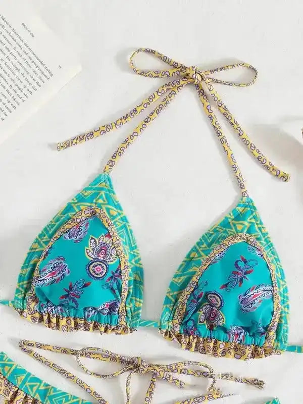 Ethnic Print Halter Neck Tie Bikini - Fashionfitz