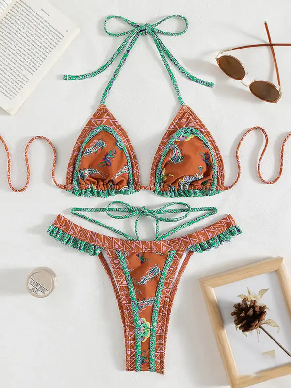 Ethnic print halter neck tie bikini - bikinis