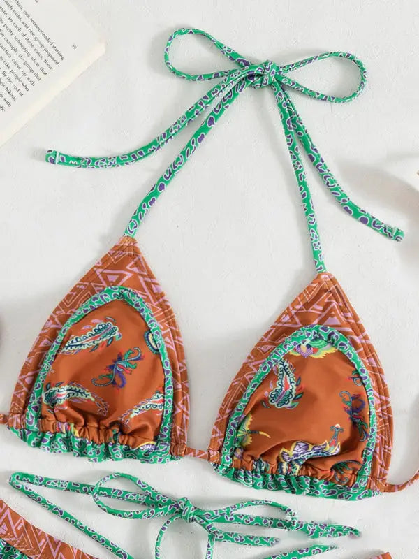 Ethnic print halter neck tie bikini - bikinis