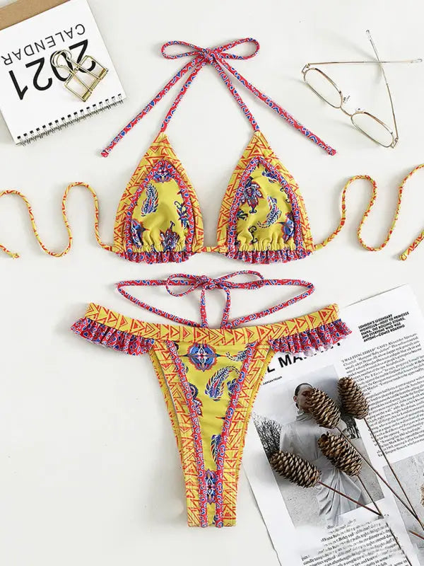 Ethnic print halter neck tie bikini - bikinis