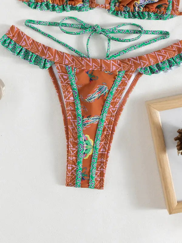 Ethnic print halter neck tie bikini - bikinis