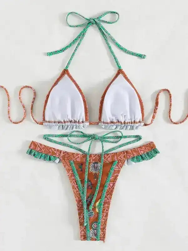 Ethnic Print Halter Neck Tie Bikini - Fashionfitz