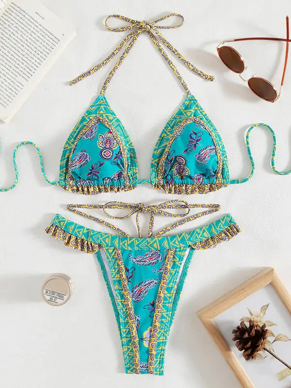 Ethnic print halter neck tie bikini - bikinis