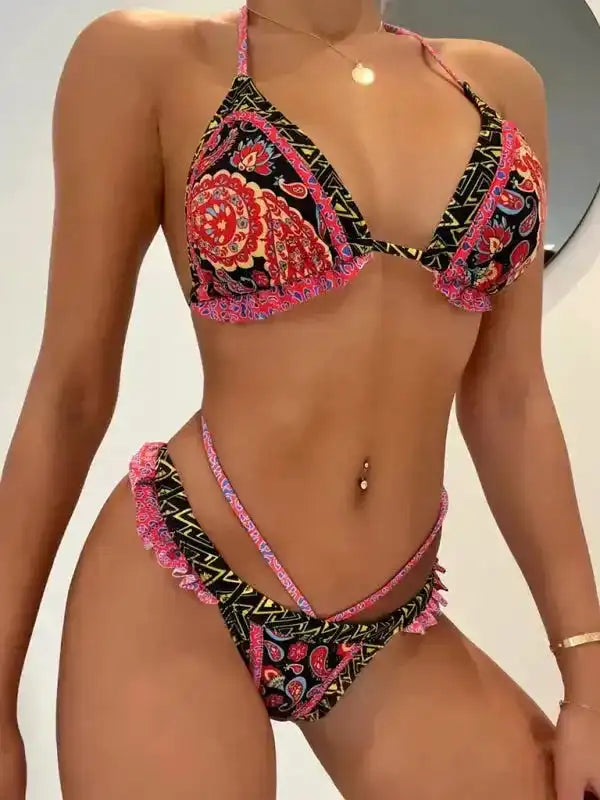 Ethnic Print Halter Neck Tie Bikini - Fashionfitz
