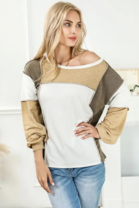 Exposed seam color block patchwork top - long sleeve tops