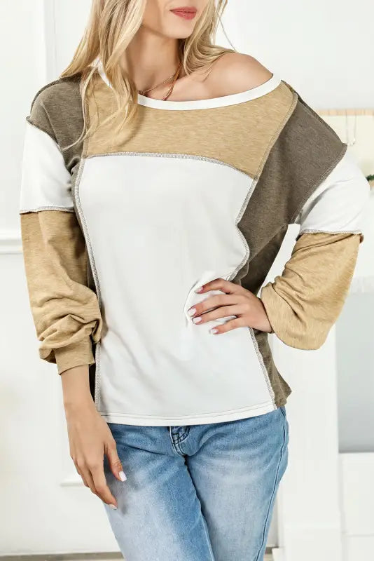 Exposed seam color block patchwork top - long sleeve tops