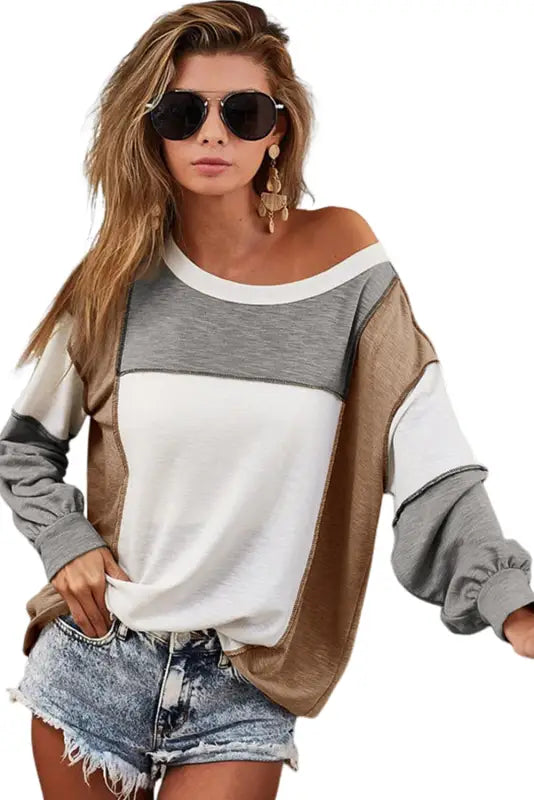 Exposed seam color block patchwork top - long sleeve tops