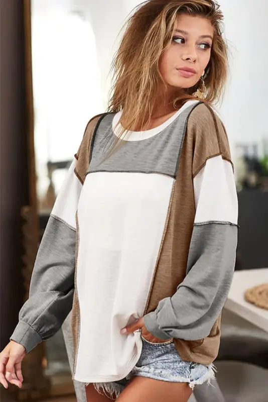 Exposed seam color block patchwork top - long sleeve tops