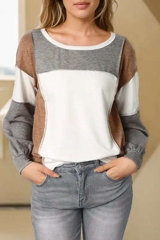 Exposed seam color block patchwork top - long sleeve tops