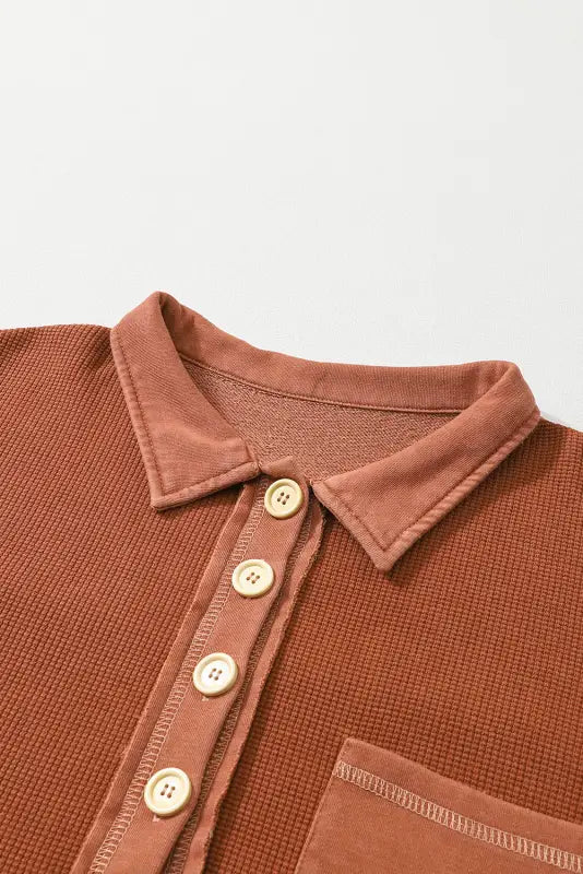 Chestnut waffle exposed seam pocket henley sweatshirt - sweatshirts & hoodies