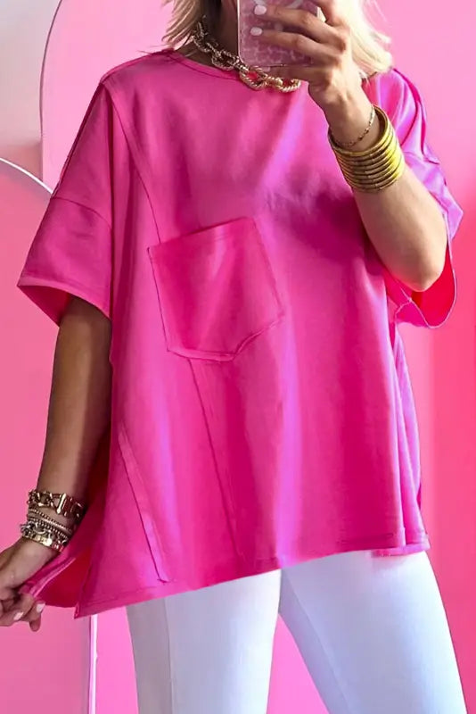 Exposed seam oversize t-shirt - bright pink / s / 75% polyester + 20% cotton + 5% elastane - t-shirts