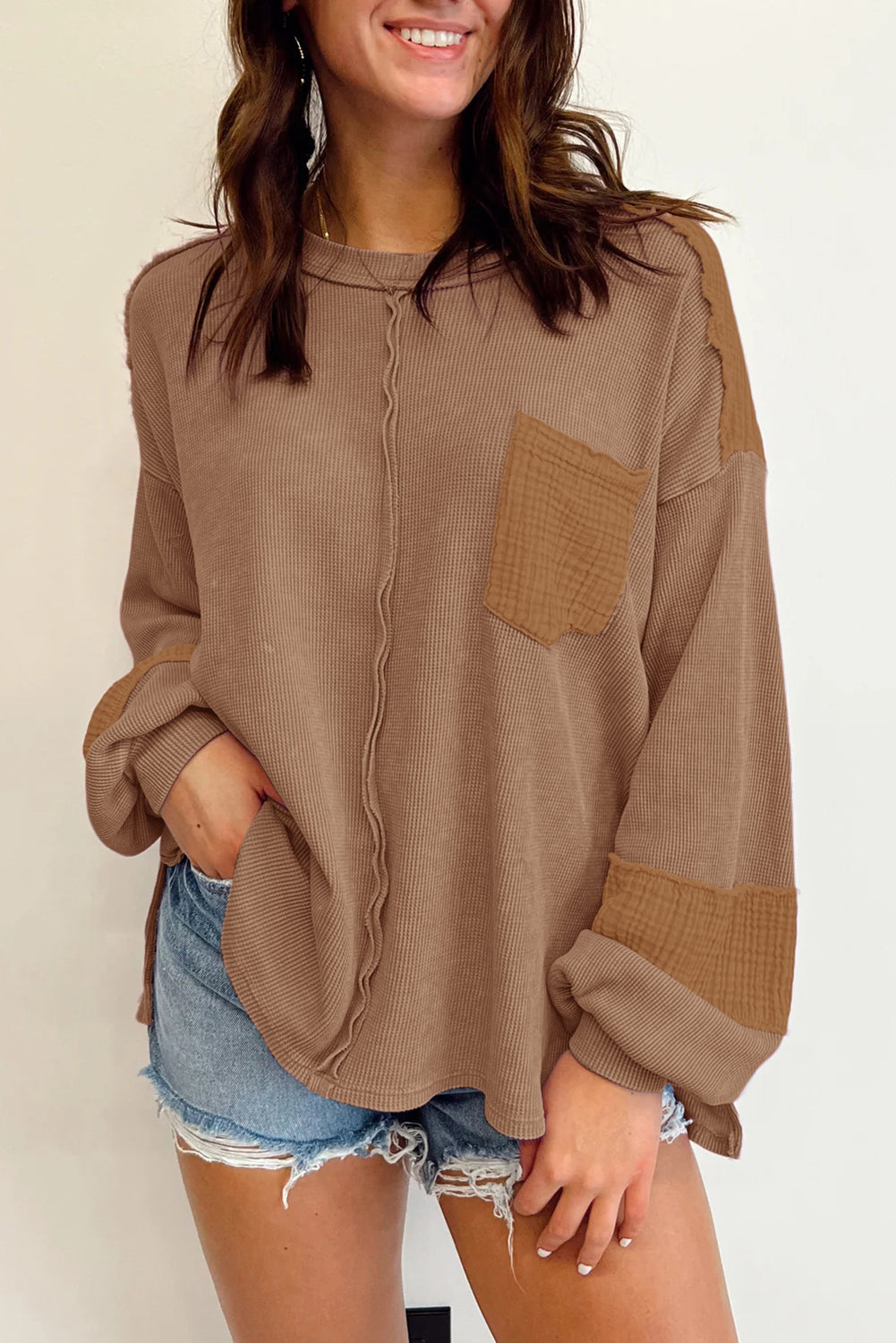 Exposed seam patchwork bubble sleeve waffle knit top - dark brown / 2xl / 62.7% polyester + 37.3% cotton - long tops