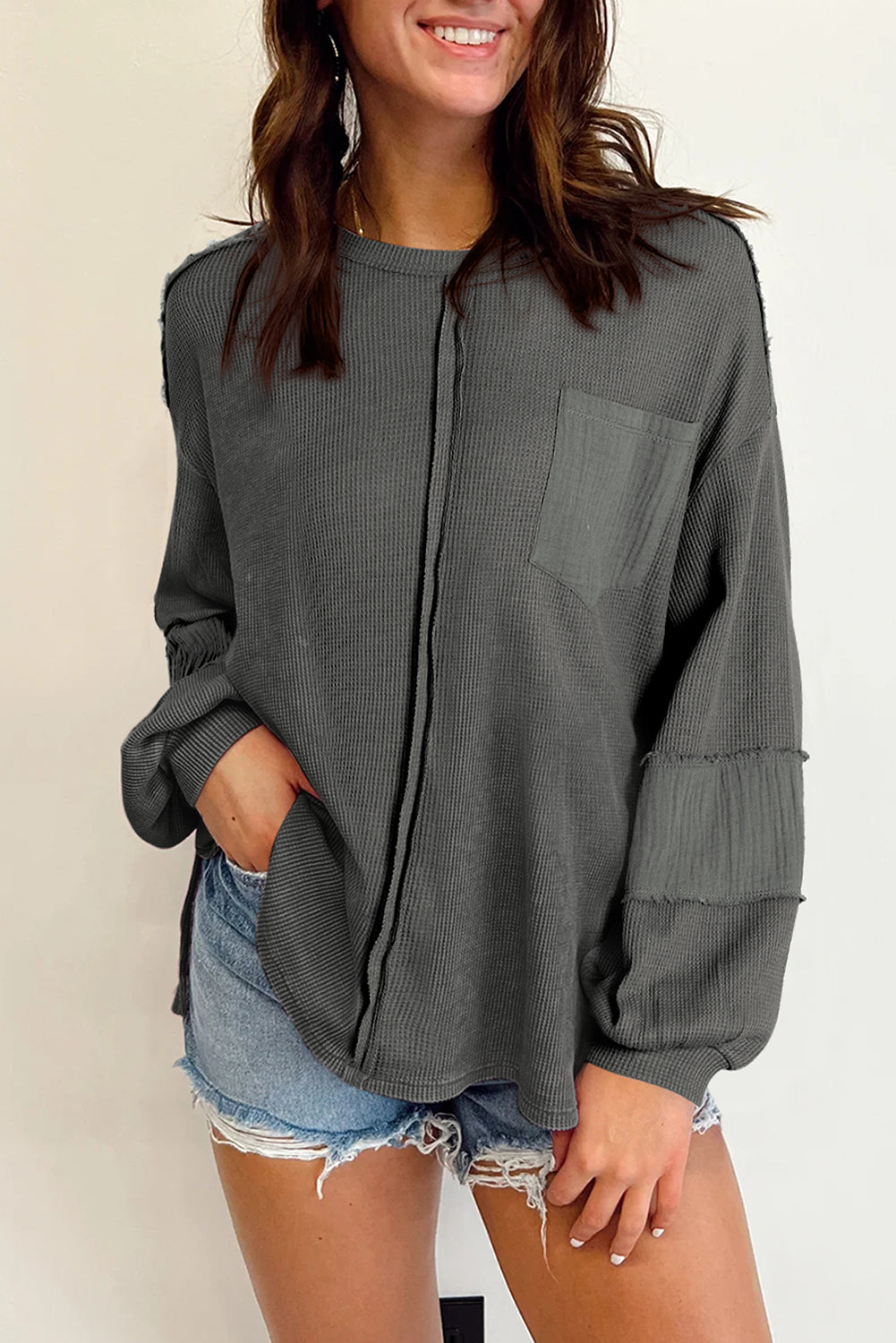 Exposed seam patchwork bubble sleeve waffle knit top - gray / 2xl / 62.7% polyester + 37.3% cotton - long tops