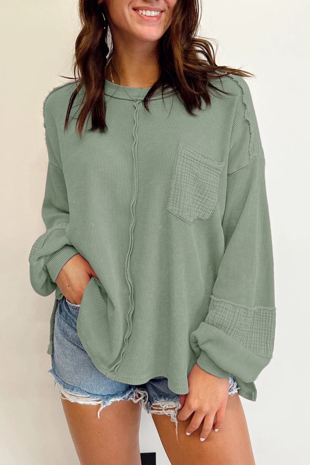 Exposed seam patchwork bubble sleeve waffle knit top - laurel green / 2xl / 62.7% polyester + 37.3% cotton - long tops