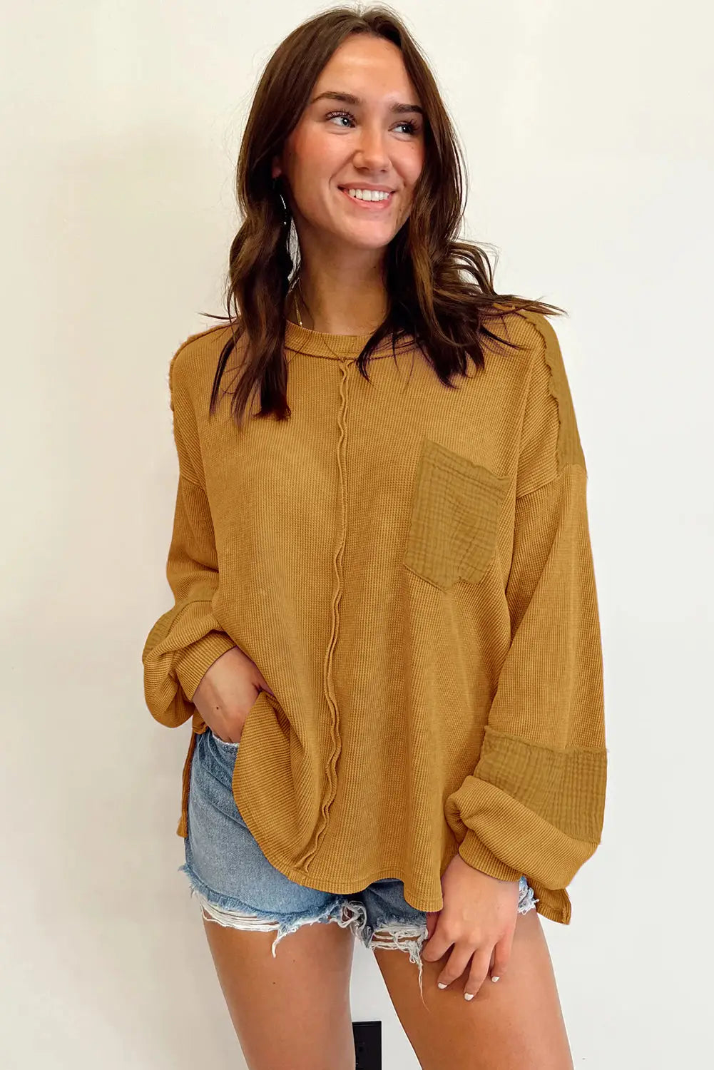 Exposed seam patchwork bubble sleeve waffle knit top - long tops