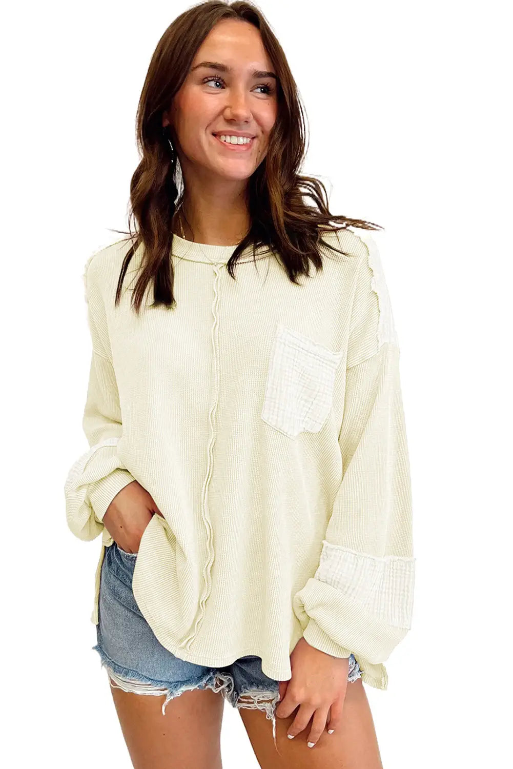 Exposed seam patchwork bubble sleeve waffle knit top - long tops
