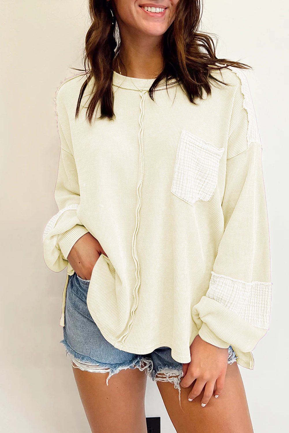 Exposed seam patchwork bubble sleeve waffle knit top - white / l / 62.7% polyester + 37.3% cotton - long tops